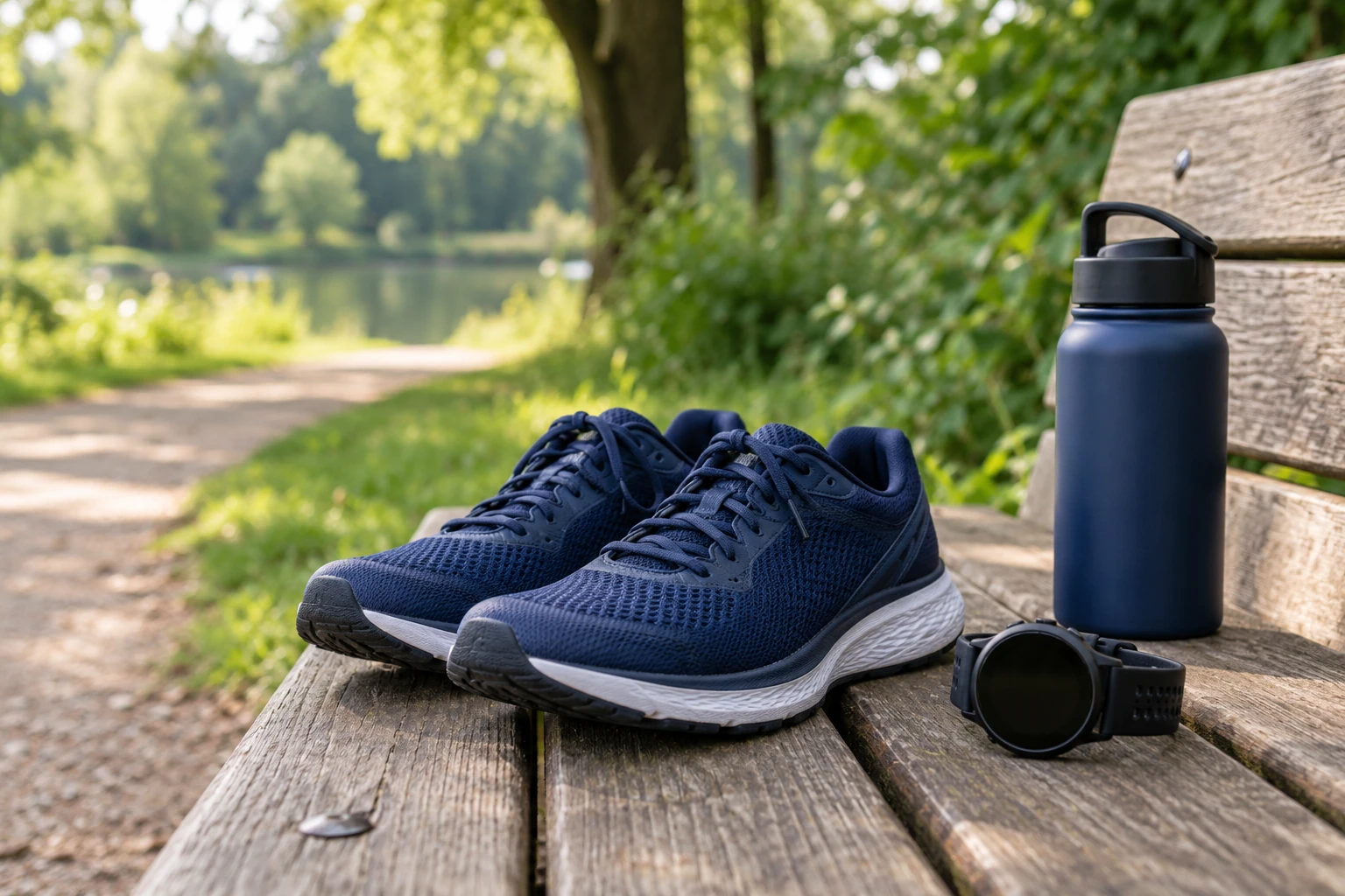 Baskets de running bleues sur banc, montre GPS et gourde à côté, parc en arrière-plan