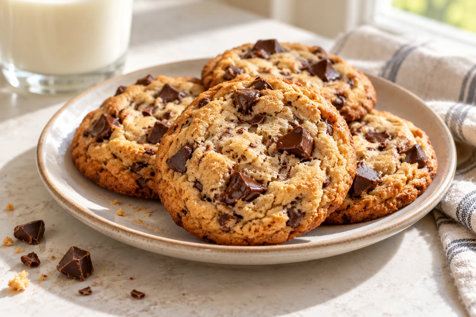 Quatre cookies aux pépites de chocolat sur assiette, verre de lait en arrière-plan