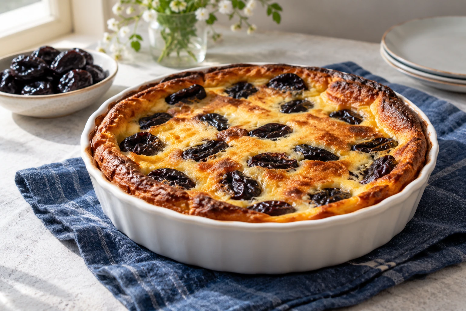 Far breton aux pruneaux doré dans un moule blanc posé sur torchon bleu