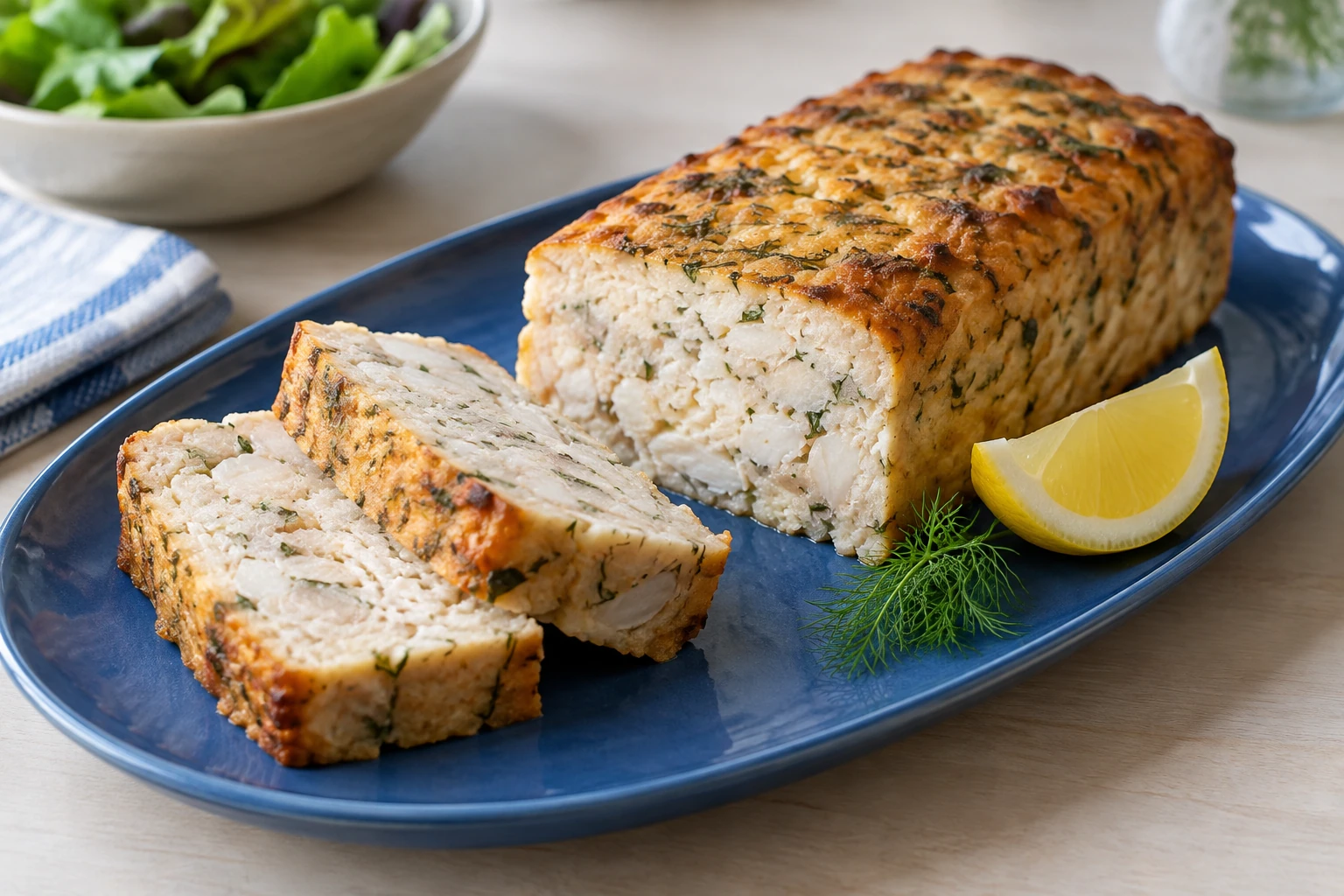 Pain de poisson tranché sur plat bleu, garniture citron et aneth, salade en arrière-plan