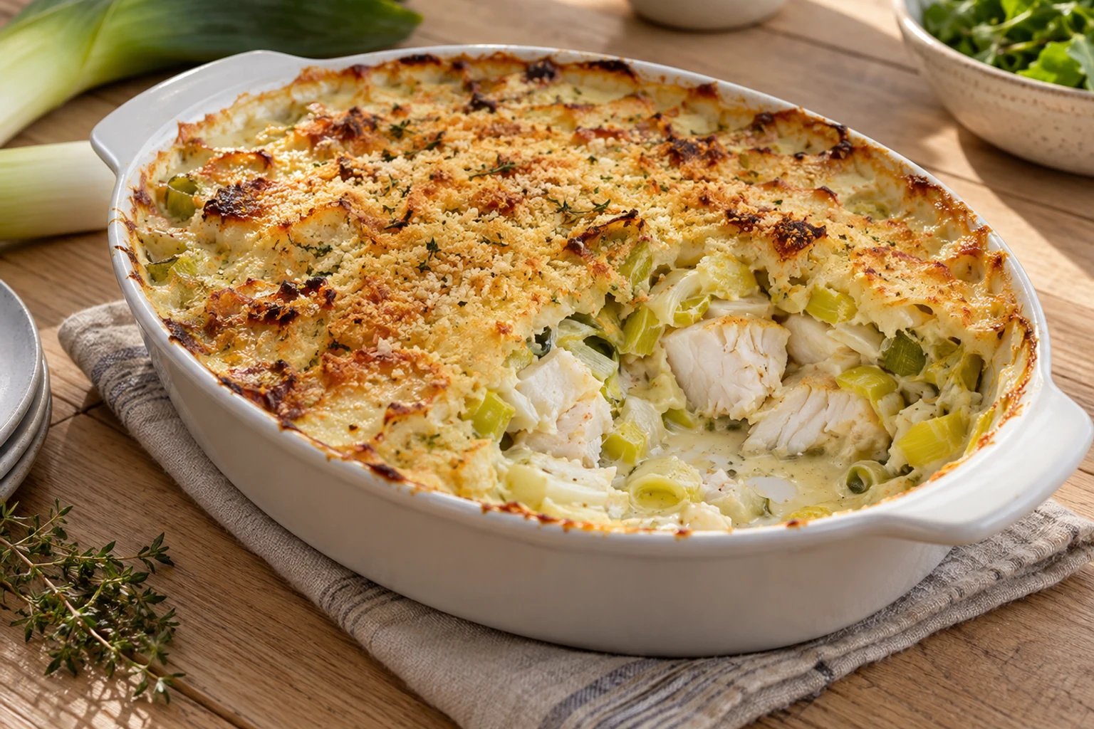 Gratin de poisson à la bretonne dans plat blanc, morceaux de cabillaud visibles