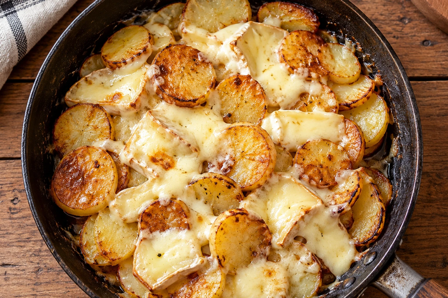 Poêle de truffade dorée avec pommes de terre rôties et fromage fondant